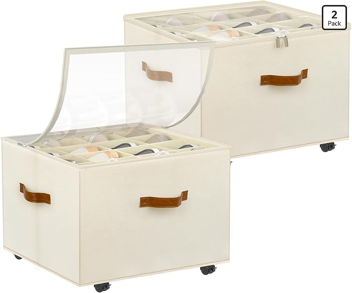 Shoe Organizer for Closet, 2 Pack Shoe Storage Organizer with Wheels and Adjustable Dividers, Sta... | Amazon (US)
