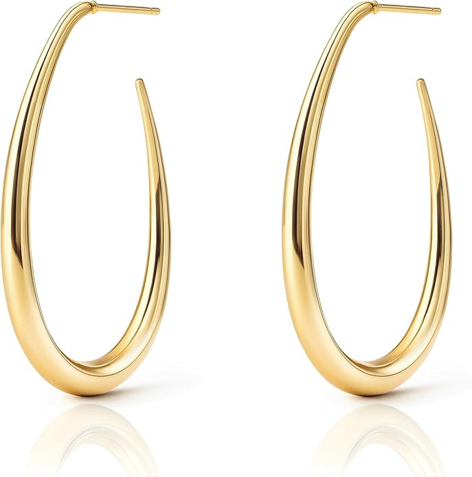 Teardrop Hoop Earrings for Women 14K Gold Plated Large Chunky Oval Pull Through Hoop Earrings Sta... | Amazon (US)