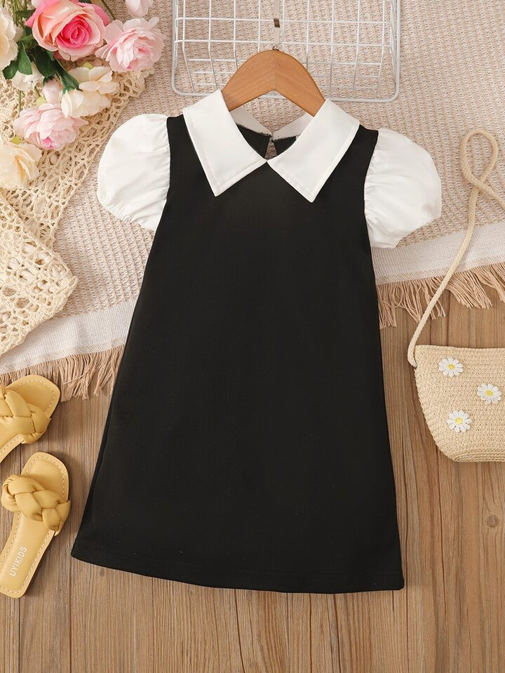 SHEIN Kids KDOMO Toddler Girls' Elegant Bubble Sleeve Contrast Collar Shirt Dress, Suitable For C... | SHEIN