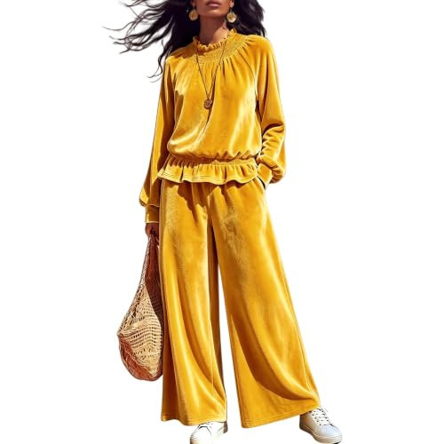 Velvet Sweatsuits Women 2 Piece Outfit Ruffle Top Lounge Pant Matching Set | Amazon (US)