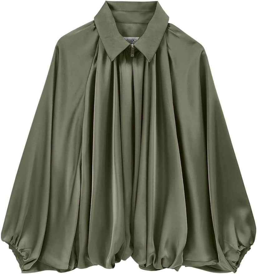 Womens Satin Puffed Bomber Jacket Oversized Batwing Sleeve Lapel Collar Pleated Zip Up Outerwear ... | Amazon (US)