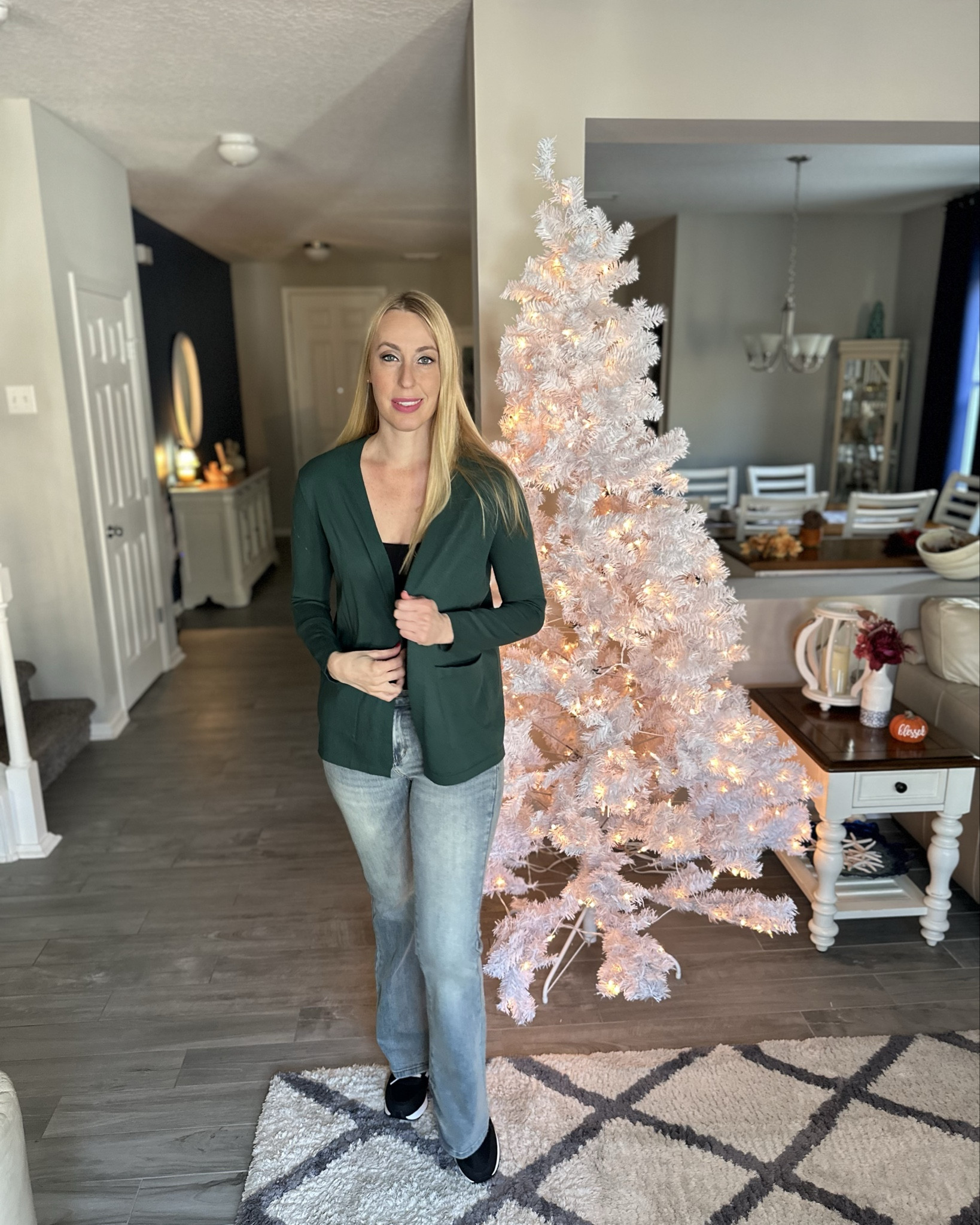 Open front green Christmas cardigan 
🎄 lightweight so perfect for us in Florida 
🎄 wearing size small, fits true to size 

#LTKStyleTip #LTKFindsUnder50 #LTKFindsUnder100