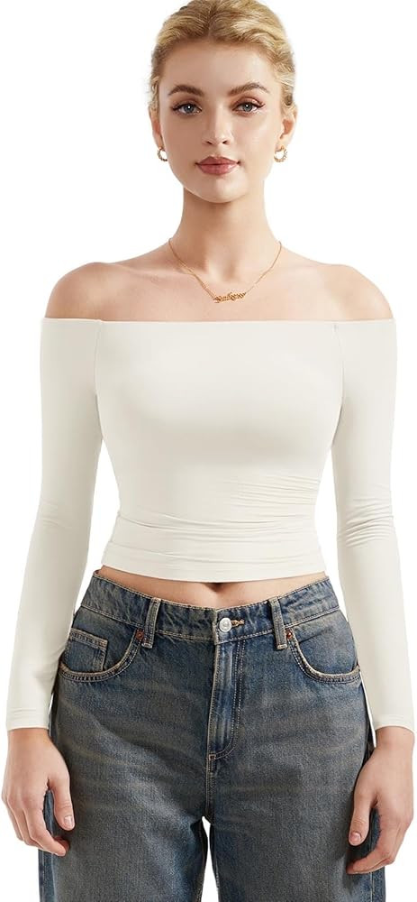 SUUKSESS Women Off Shoulder Double Lined Long Sleeve Shirts Basic Going Out Tops | Amazon (US)