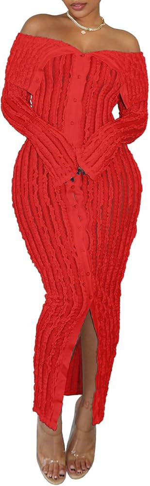 Womens Sexy Off Shoulder Maxi Dress Pleated See Through Flare Sleeve Button Down Slit Bodycon Lon... | Amazon (US)