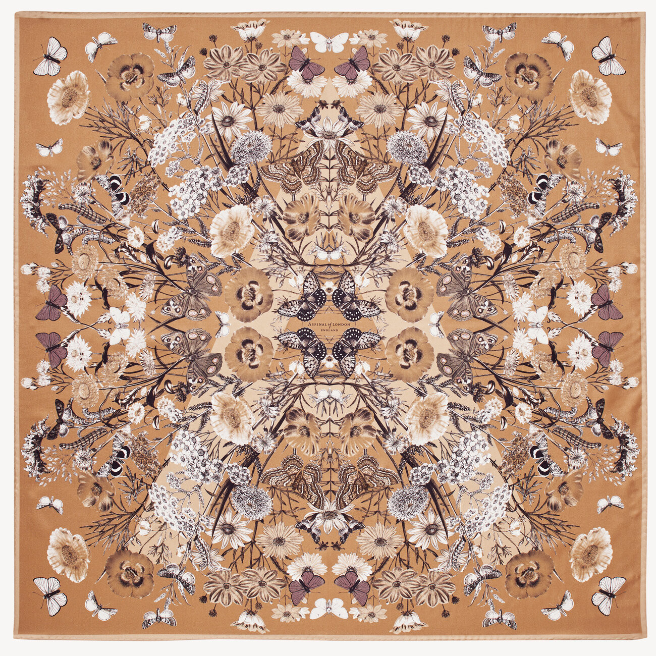 Botanical 'A' Silk Scarf in Sand Silk Twill | Aspinal of London