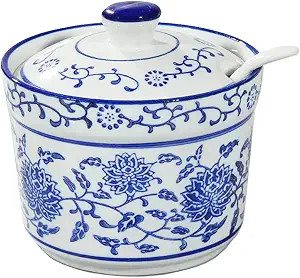 123Arts Ceramic Blue and White Sugar Bowl Spice Jar with Lid Spoon Seasoning Pot | Amazon (US)