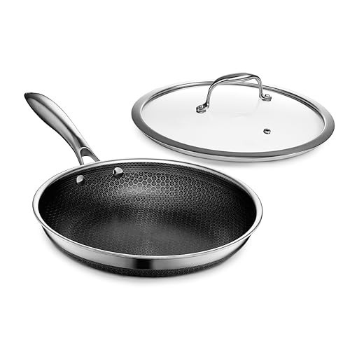 HexClad Hybrid Nonstick 10-Inch Frying Pan with Tempered Glass Lid, Stay-Cool Handle, Dishwasher-Friendly, Oven-Safe Up to 900°F, Induction Ready, Compatible with All Cooktops | Amazon (US)