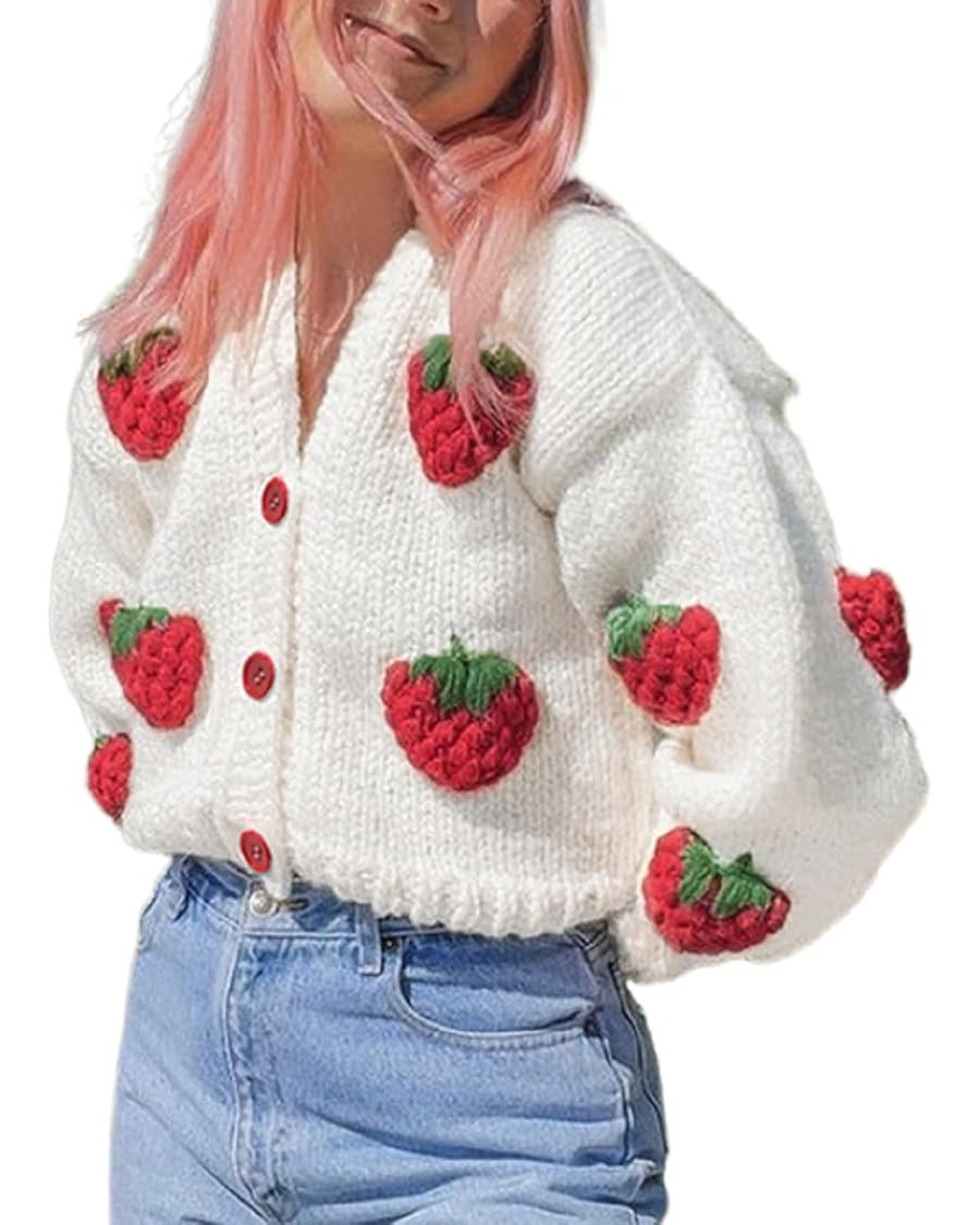 Women Button Down Sweater V Neck Cable Knit Crop Cardigan Cute Oversized Jumper Pullover Top Aest... | Amazon (US)