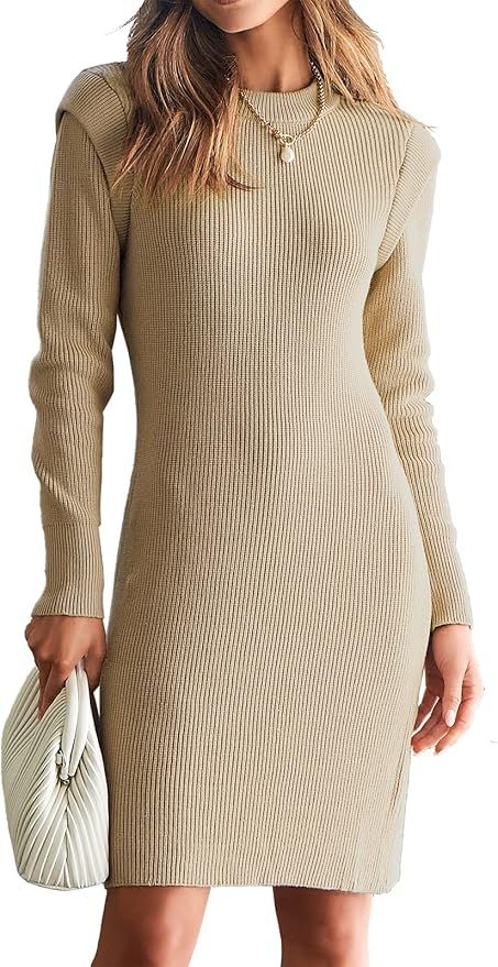 ANRABESS Women's Long Sleeve Mock Neck Casual Slim Fit Mini Dress Ribbed Knit Solid Color Bodycon... | Amazon (US)