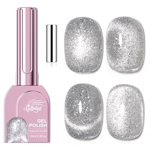 GELLAKTIK Silver Cat Eye Gel Nail Polish with Magnetic Stick - 12ML Glitter Magnetic Nail Polish for Multiple 3D Effects, Soak Off UV LED Gel Polish for DIY Manicure Salon Gifts for Women | Amazon (US)