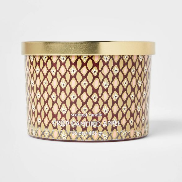 15oz Lidded Glass Jar Floral Geo Print 3-Wick Crisp Candied Apple Candle - Opalhouse™ | Target
