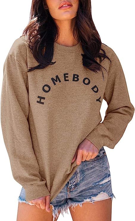 FISACE Womens Graphic Shirt Crew Neck Solid Color Long Sleeve Casual Loose Letter Pullover Tops | Amazon (US)
