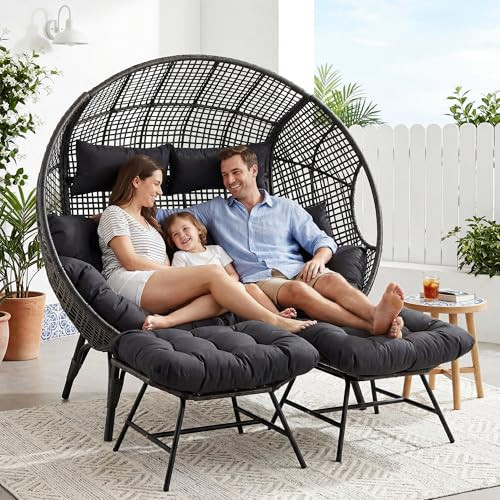 NICESOUL Stationary Egg Chair Indoor Outdoor Wicker Oversized Thick Cushions Egg Shaped Loveseat Chair, Egg Basket Lounge Chair with Ottoman Footrest for Patio Balcony Porch Bedroom Gray | Amazon (US)