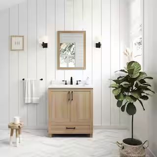 Tobana 30 in. W x 19 in. D x 34.50 in. H Bath Vanity in Weathered Tan with White Cultured Marble ... | The Home Depot