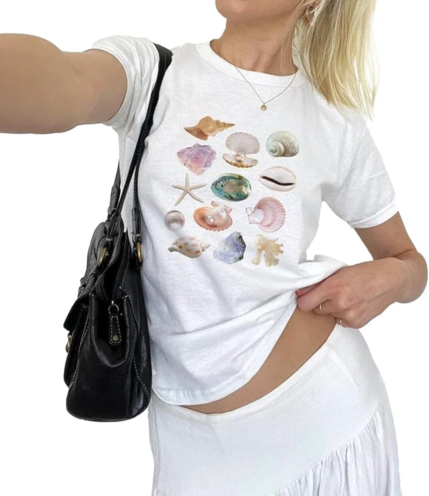Women Graphic Baby Tees Y2k Short Sleeve Slim Fit Crop Tops Teen Girls Cute Aesthetic Clothes | Amazon (US)