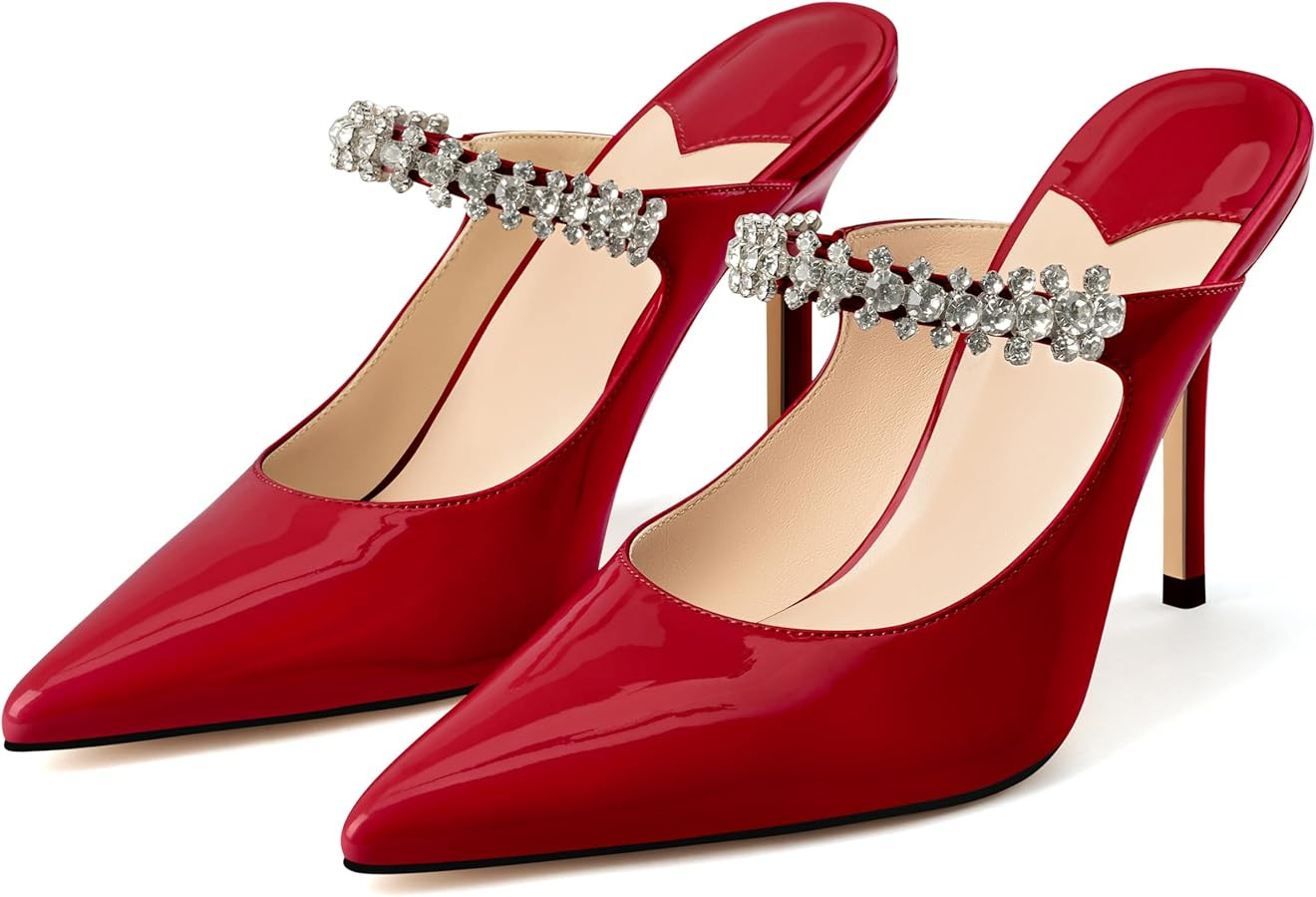 MIRAAZZURRA Women Heeled Mules Rhinestone Strappy Pointed Toe Mules Stiletto High Heels Slip On B... | Amazon (US)