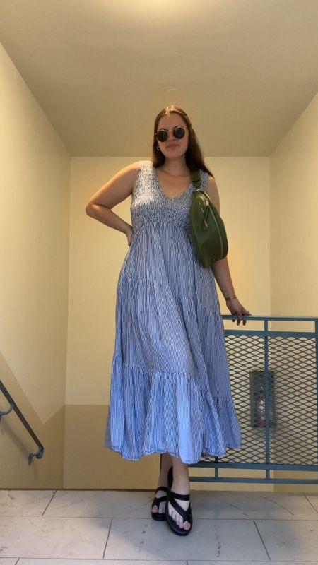 Juno Maxi Dress, Free People, blue and white striped maxi dress, casual outfit, comfy, travel, revolve, midi dress, black sandals, spring / summer, swim cover up, rayban round sunglasses, gold jewelry from Amazon (hoop earrings, rings), green Proenza Schouler White Label Stanton leather belt bag, Fanny pack, crossbody 

#LTKstyletip #LTKunder50 #LTKunder100