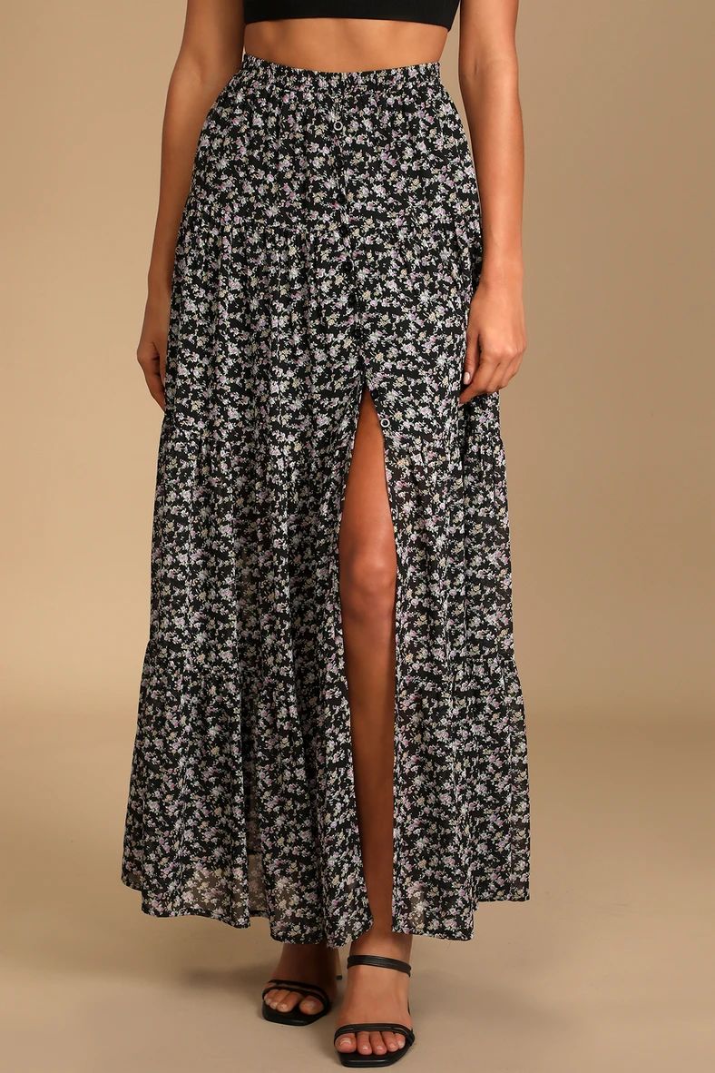 Subtle Sweetness Black Floral Print Tiered Maxi Skirt | Lulus (US)