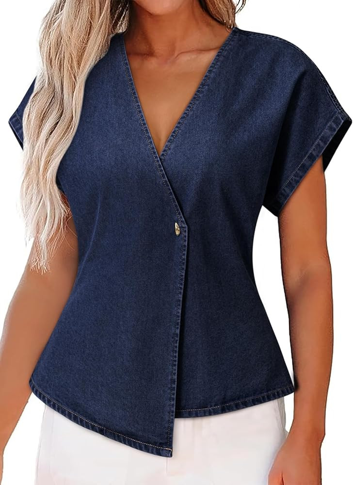 EVALESS Womens Denim Shirts Short Sleeve Button Down Shirts Spring Summer Tops V Neck Work Blouse... | Amazon (US)