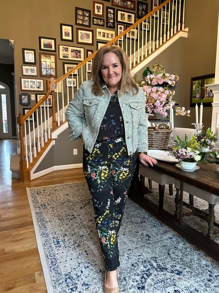 LOVING these floral slim pants. Wearing size 2.0. They have a subtle smoothing panel in the funny. 
Blouse is sheer. You’ll need a cami. I’ll link the spanx tank I’m wearing. And yes my code for 10% off NANETTEXSPANX 
Jacket is a beautiful tweed. Thrilled with it. Lined. Wearing a 2.0

Spring outfit, work outfit, bridal shower outfit

#LTKover40 #LTKmidsize #LTKworkwear