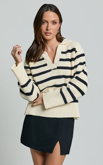 Devon Jumper - Open Collar V Neck Stripe Knit Jumper in Black & Cream Stripe | Showpo (US, UK & Europe)