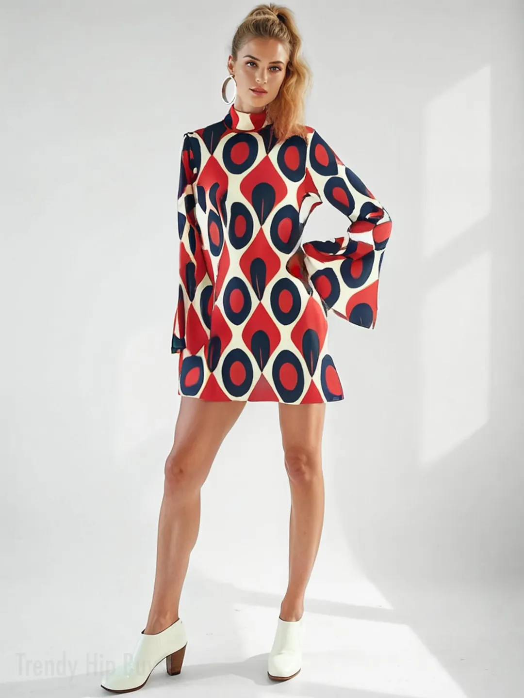 70s Dress Style, 70s Bell Sleeve Dress, 60s 70s Style Dress | Turtleneck Mod Dress | Retro Red Bl... | Etsy (US)