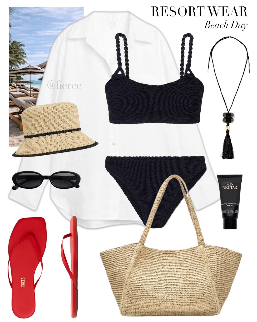 Black crinkle bikini white linen shirt red sandals raffia tote beach wear resort wear beach holiday

#LTKuk #LTKsummer #LTKswimwear