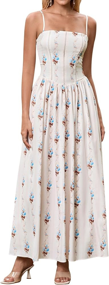 KUTUMAI Floral Corset Long Maxi Dress Lace Up Flowy A Line Summer Wedding Guest Dresses for Women... | Amazon (US)