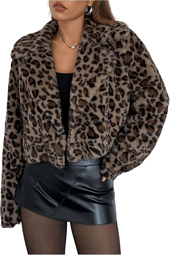 MakeMeChic Women's Faux Fur Leopard Print Coat Long Sleeve Lapel Neck Cropped Jacket Outerwear | Amazon (US)