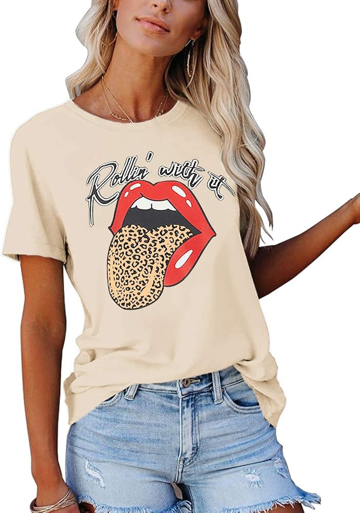 Nirovien Women's Short Sleeve Red Lips Leopard Tongue T Shirt Animal Printed Tees Summer Basic To... | Amazon (US)
