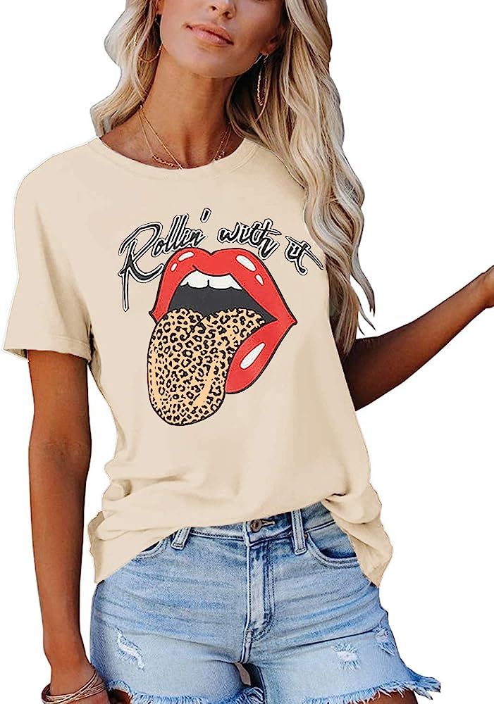 Nirovien Women's Short Sleeve Red Lips Leopard Tongue T Shirt Animal Printed Tees Summer Basic To... | Amazon (US)
