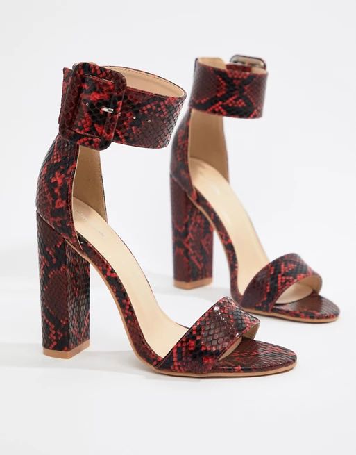 Out of stockPrettyLittleThing block heel sandals in snakeMORE FROM: | ASOS US