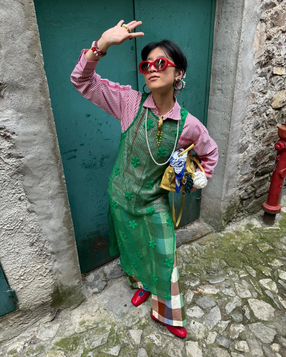 Alohas. Bimbaylola, Mango, Asos, Stradivarius, summer outfit, holiday outfit, dopamine dressing, crochet dress, checkered trousers, pinstripe shirt, pearl necklace, red ballet flats, summer outfits, holiday outfits 

#LTKeurope #LTKsummer #LTKstyletip