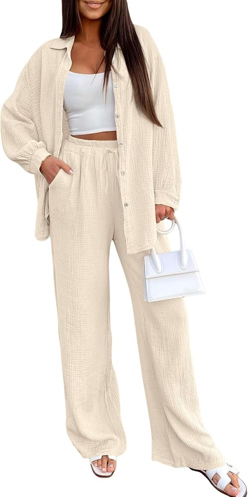 LILLUSORY Womens 2 Piece Linen Matching Lounge Sets 2026 Summer Vacation Outfits Long sleeve Butt... | Amazon (US)