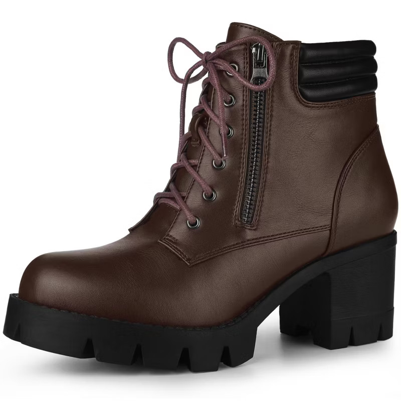 Allegra K Women's Chunky Heel Lace Up Zipper Combat Boots | Target
