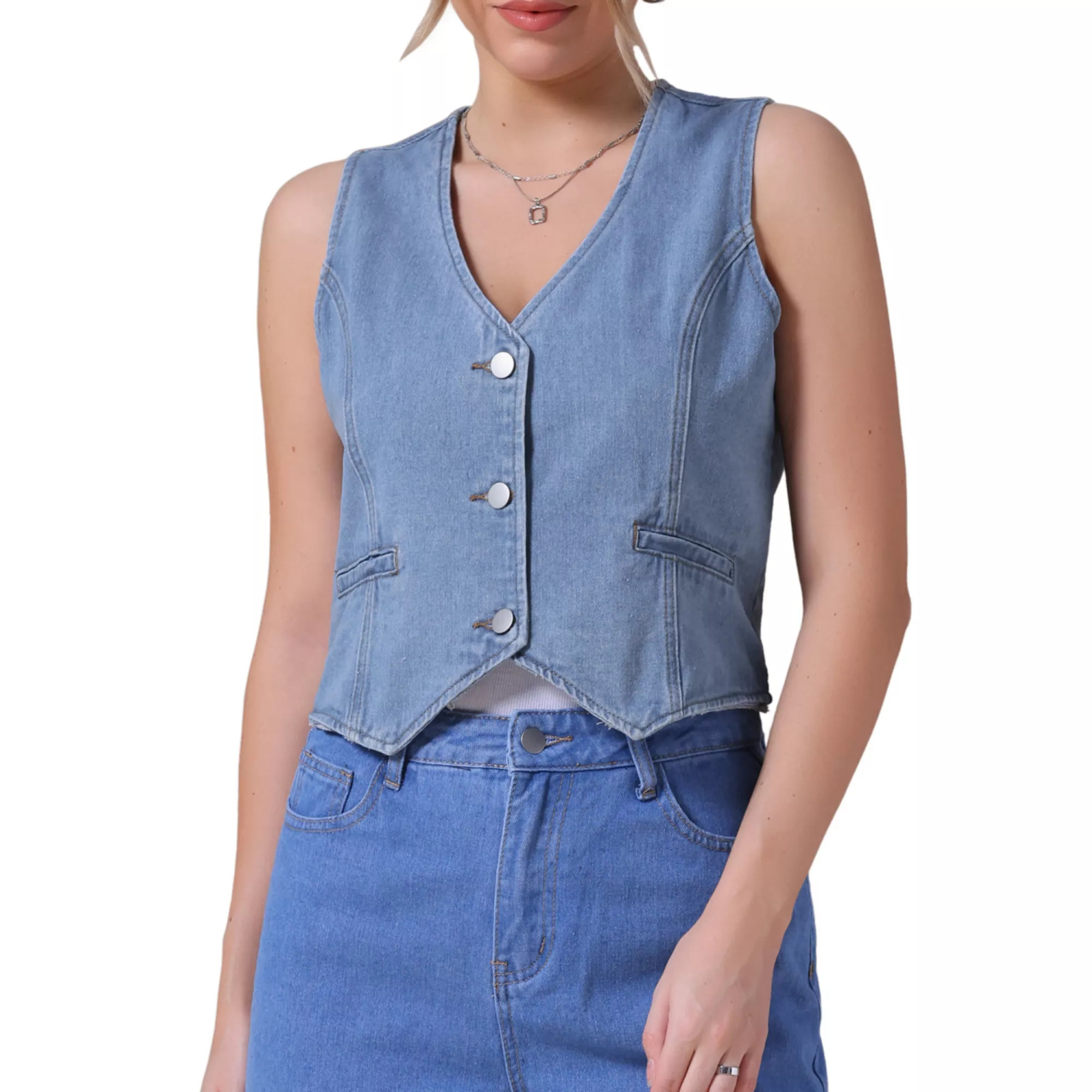 Women's Denim Vest Sleeveless Jacket V Neck Button Down Jean Suit Vests Crop Tank Tops | Kohl's