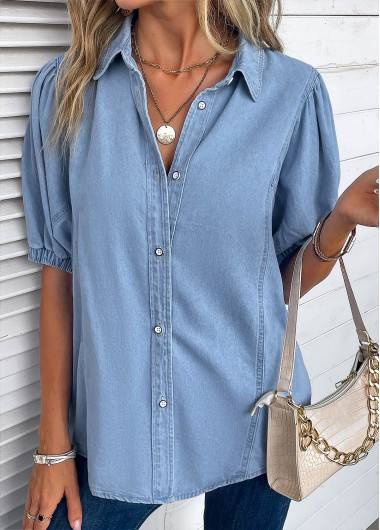 Light Blue Button Half Sleeve Shirt Collar Blouse | modlily.com