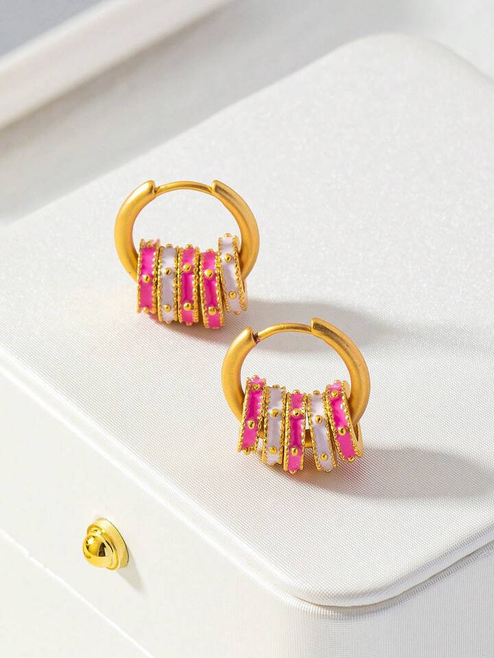 1 Pair Of Geometric Circle Earrings Made Of Copper Alloy, With Matte Gold And Enamel Colors, Insp... | SHEIN