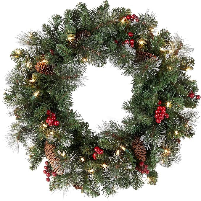 National Tree Company Pre-Lit Artificial Christmas Wreath, Green, Crestwood Spruce, White Lights,... | Amazon (US)