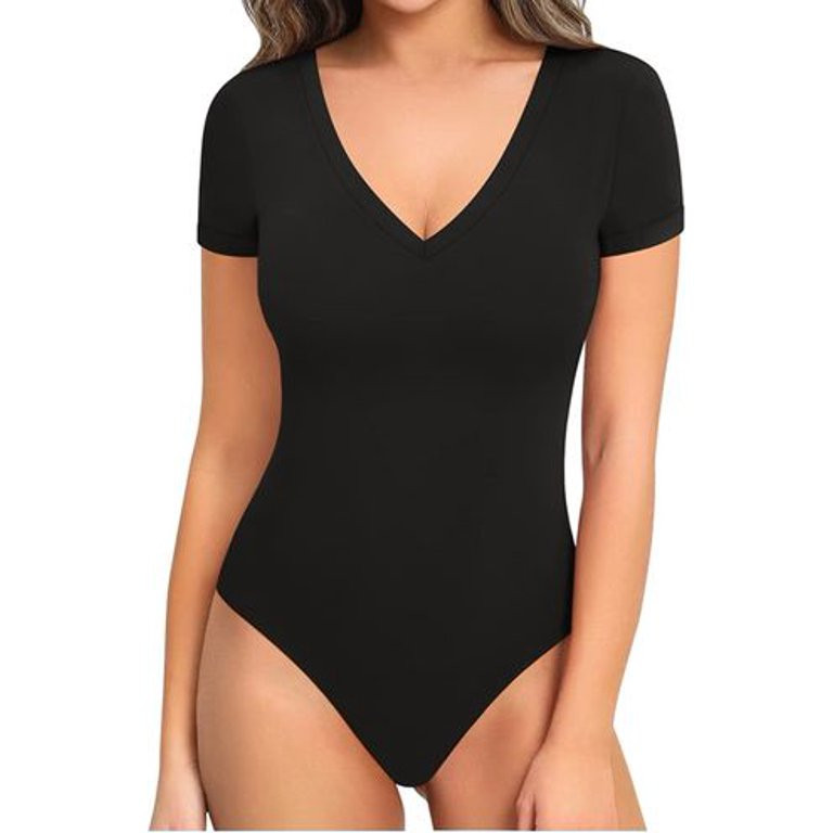 SOMER Body Suit Tummy Control Bodysuit Deep V Neck Short Sleeve Tops Black Bodysuits for Women Cl... | Walmart (US)