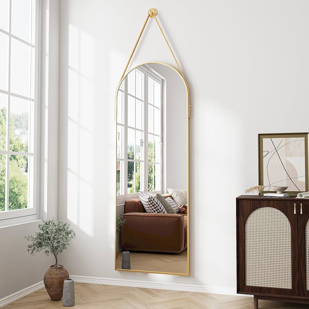 Full Length Mirror, Arched Wall Mounted Mirror, 48"x16" Door Mirror Full Length with Hanging Leat... | Amazon (US)
