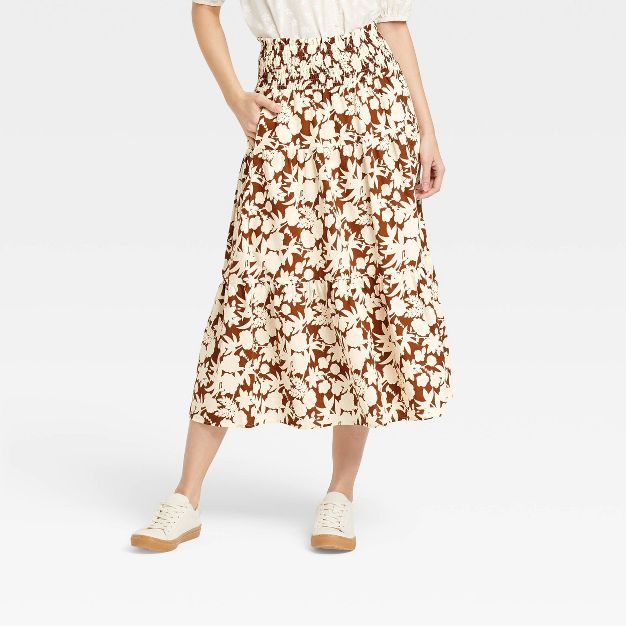 Women's High-Rise Tiered Midi A-Line Skirt - Universal Thread™ Brown Floral | Target