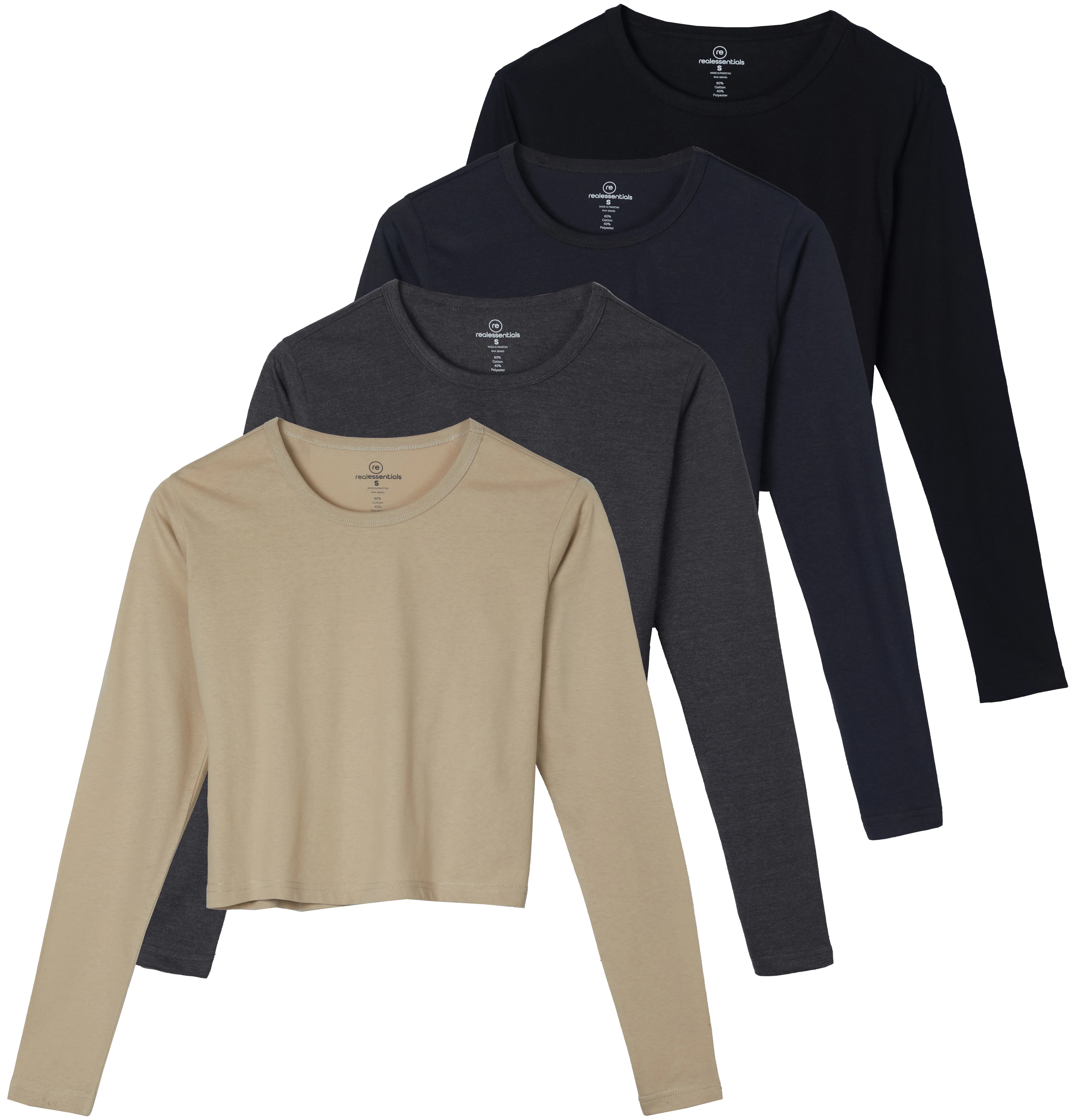 Real Essentials 4 Pack: Women's Cotton Long Sleeve Crew Crop Top - Casual Cropped T-Shirt (Availa... | Walmart (US)