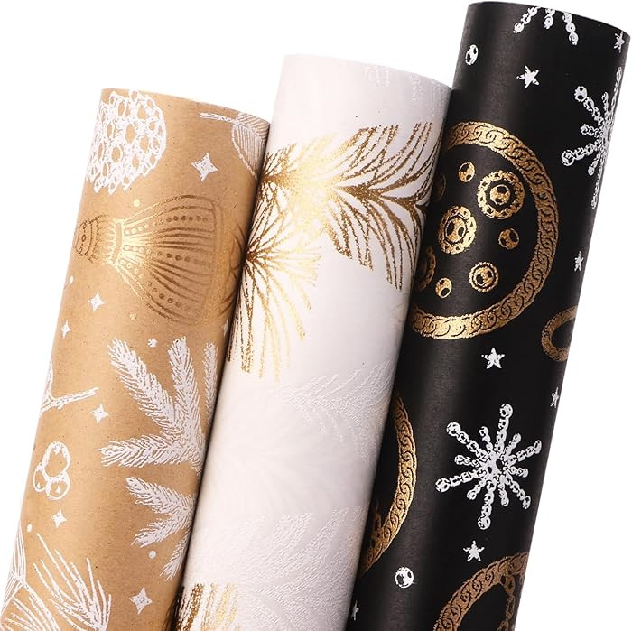 Ribbli 3 Rolls Christmas Elements with Gold Foil Kraft Wrapping Paper Rolls,Mini Roll-17 Inch x 1... | Amazon (US)