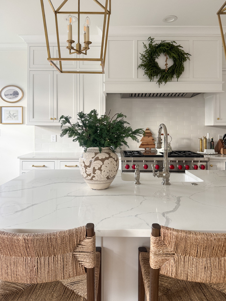 Styling my kitchen for the holidays! Modern coastal, traditional, serena & lily, mcgee & co, pottery barn. White kitchen, gold pendant lights, kitchen island lighting. 

 #LTKHoliday #LTKSeasonal #LTKSaleAlert