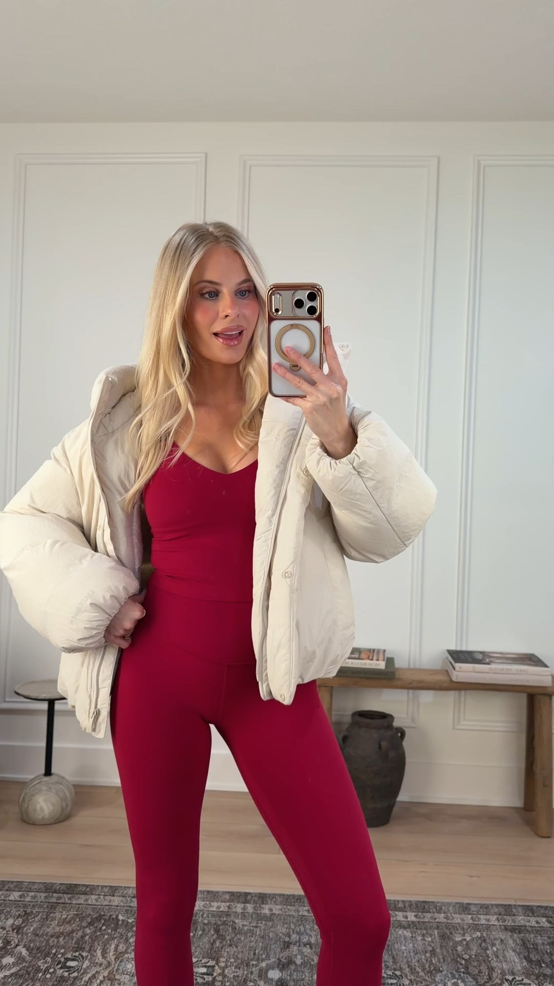 Wearing an 8 in top, 6 in leggings (28”) - both in color berry ramble, small in coat, shoes are tts! #kathleenpost @lululemon #lululemoncreator #ad 