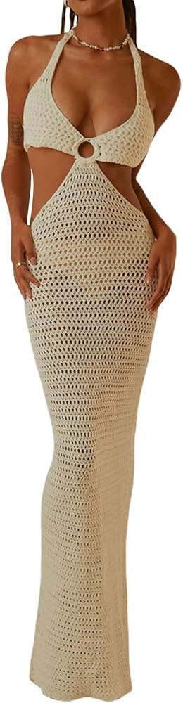 Women's Halter Bodycon Mini Dress Sleeveless Tie Backless Hollow Out Corset Knit Dress Wrap Dress... | Amazon (US)