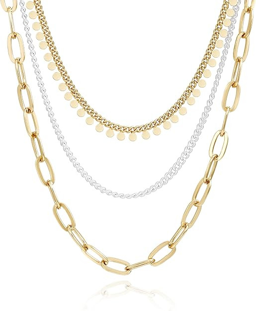 COBI Two Tone Pendants Necklace for Women, 18K Gold & Silver Plated Layered Link Chain, Statement... | Amazon (US)