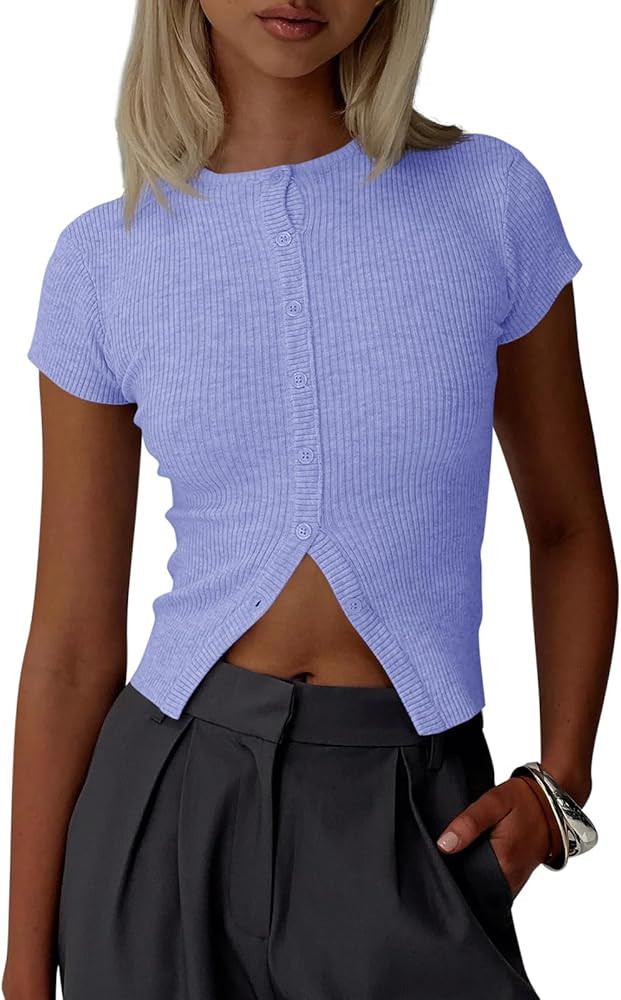Imily Bela Womens Short Sleeve Sweater Tops Summer Button Down Casual Ribbed Knit Slim Fit Croppe... | Amazon (US)