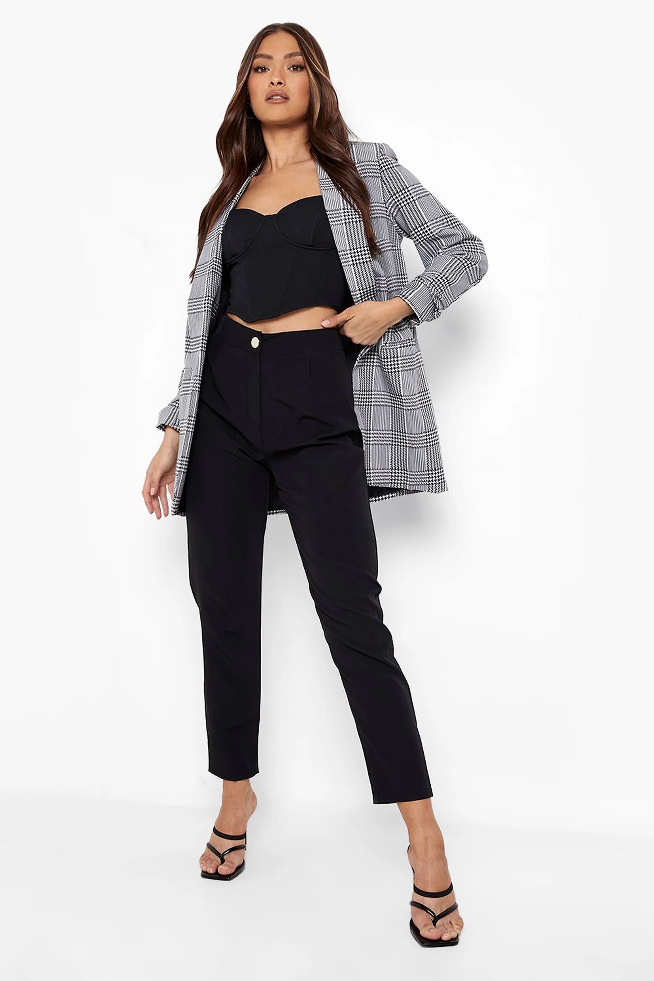 Prince Of Wales Check Ruched Sleeve Blazer | Boohoo.com (US & CA)